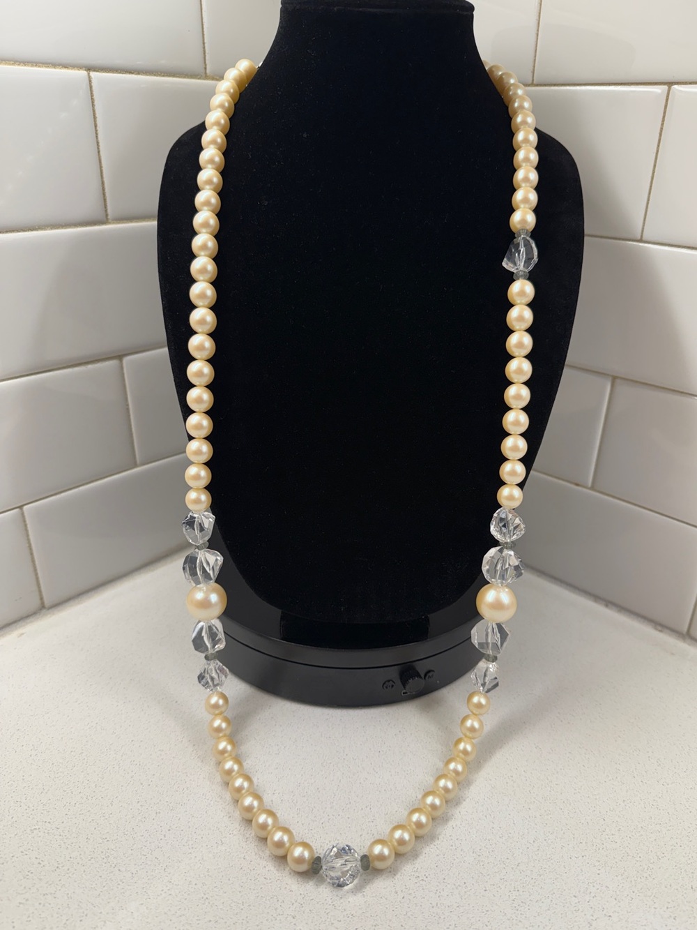 Monet Cream Pearl and Clear Crystal Long Necklace